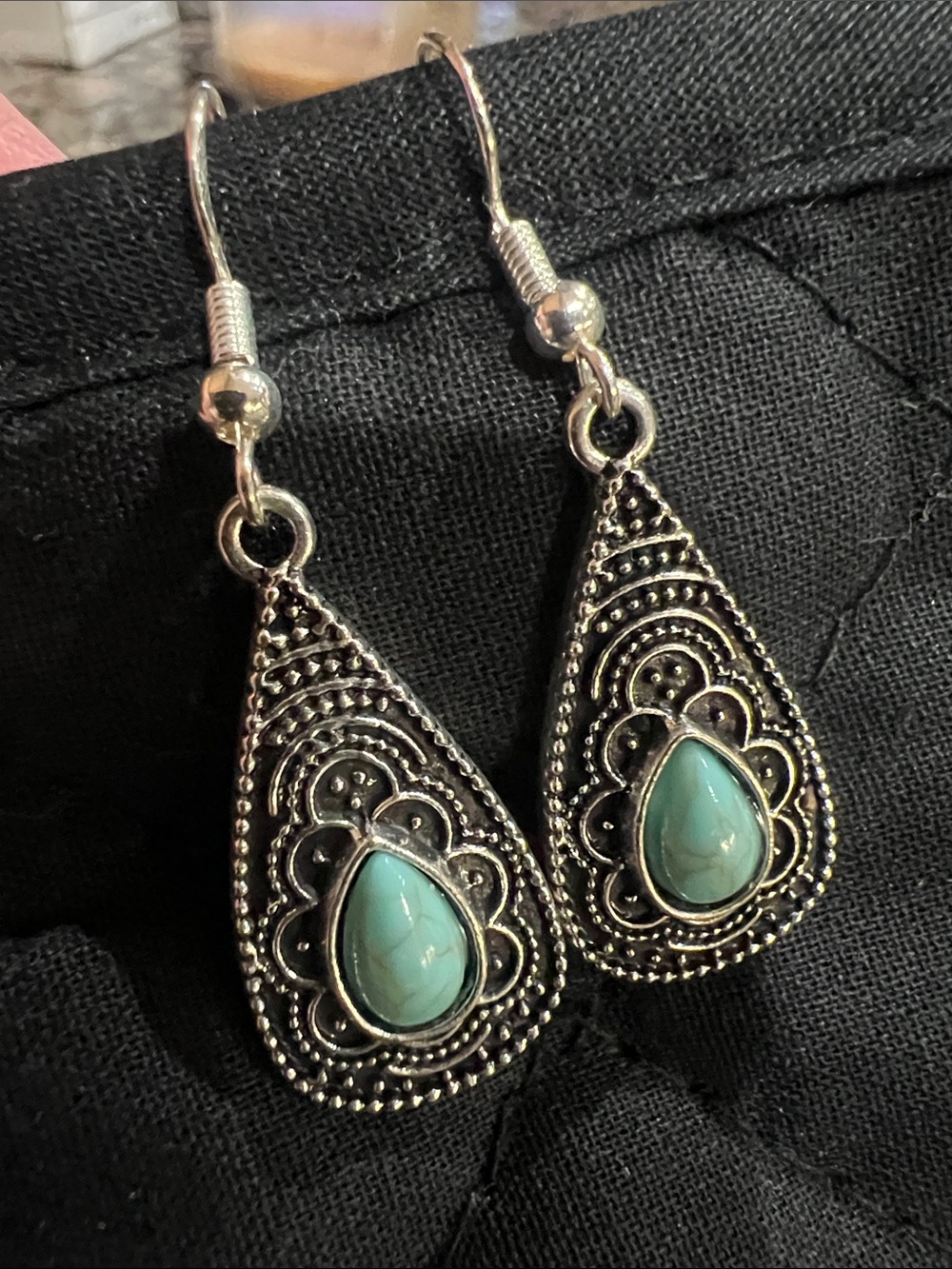 Turquoise Teardrop Filigree Dangle Earrings - 925 sterling Silver plated hooks